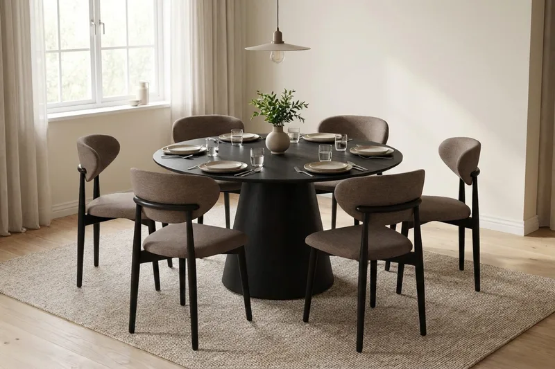 Siena Matgrupp runt 130 cm Svart med 6 Molly Matstolar - Svart - Products - Möbler - Bord & matgrupp - Matgrupp
