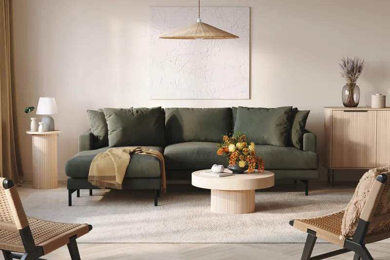 Menard 3-sits Vänstervänd L-formad Divansoffa i Manchester - Mörkgrön - Products - Möbler - Soffa - Divansoffa & schäslongsoffa - 3 sits soffa med divan