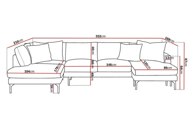 Menard 4-sits Vänstervänd Stor U-formad Djup Soffa med Divan och Schäslong i Tyg - Mörkgrå - Products - Möbler - Soffa - Divansoffa & schäslongsoffa - 4 sits soffa med divan