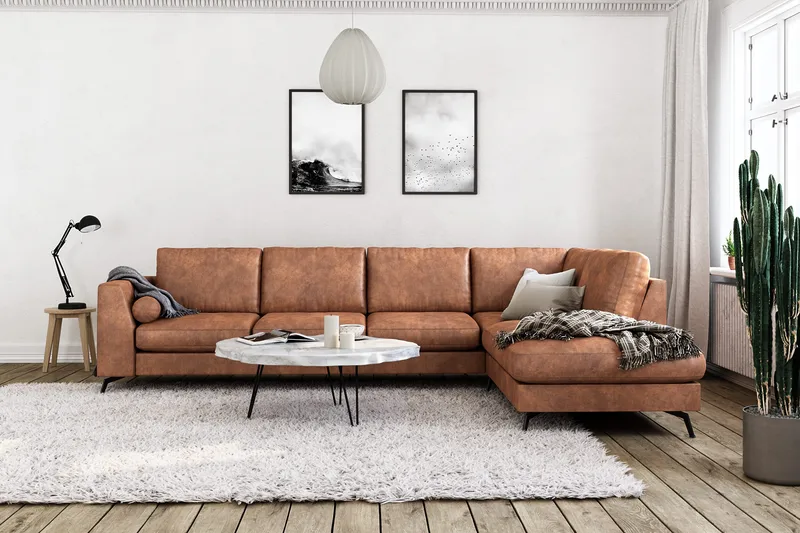 Ocean Lyx 5-sits Högervänd L-formad Schäslongsoffa i Konstläder - Brun - Products - Möbler - Soffa - Divansoffa & schäslongsoffa - 4 sits soffa med divan