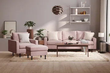 Peppe Soffgrupp 3-sits Soffa + Fåtölj + Fotpall i Manchester - Rosa - Products - Möbler - Soffa - Soffgrupp
