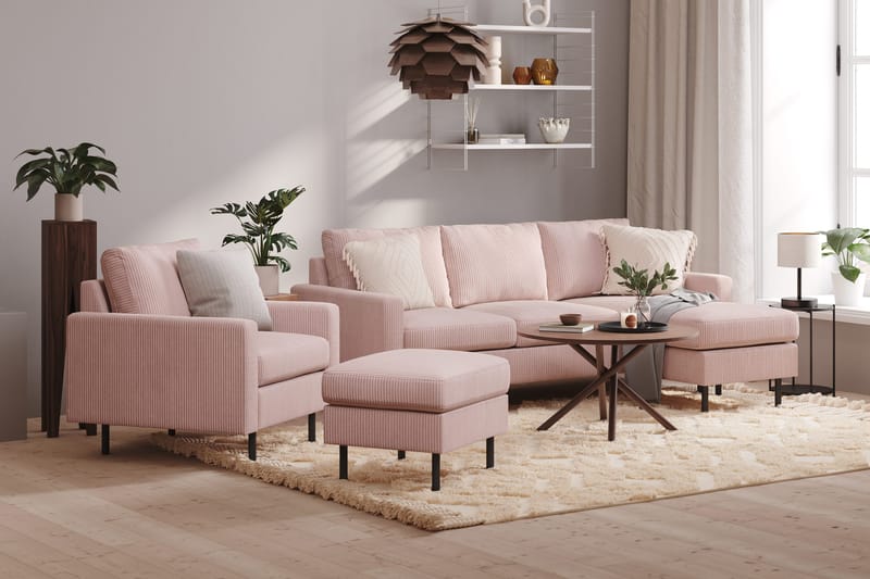 Peppe Soffgrupp 3-sits Vändbar L-formad Divansoffa + Fåtölj + Fotpall i Manchester - Rosa - Products - Möbler - Soffa - Soffgrupp