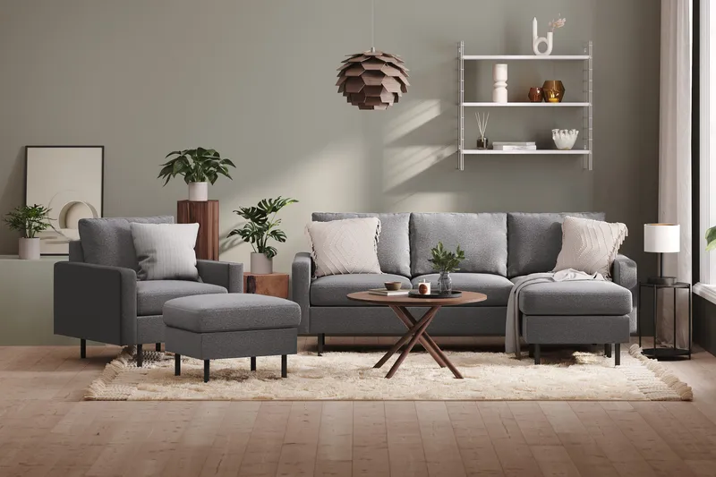 Peppe Soffgrupp 3-sits Vändbar L-formad Divansoffa + Fåtölj + Fotpall i Tyg - Ljusgrå - Products - Möbler - Soffa - Soffgrupp