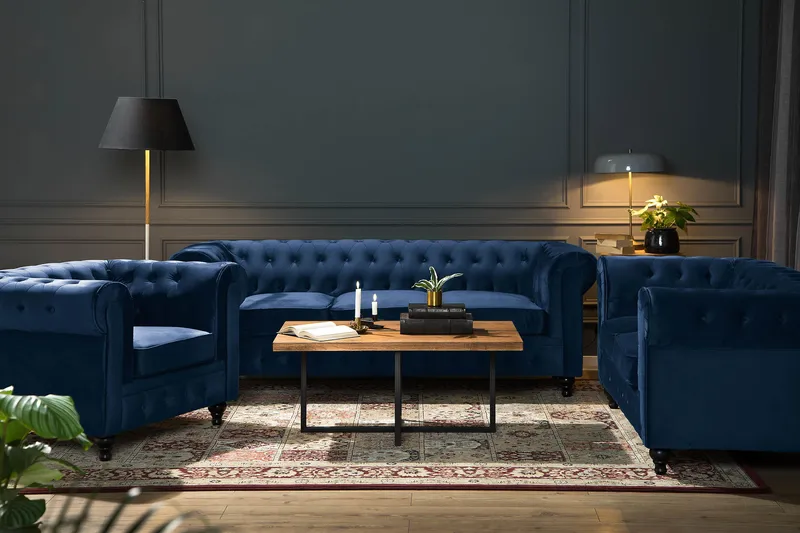 Chesterfield Lyx Stor skön djup sammetsfåtölj - Fåtölj till vardagsrum - Blå Sammet - Products - Möbler - Fåtölj & stolar - Fåtölj - Chesterfield fåtölj