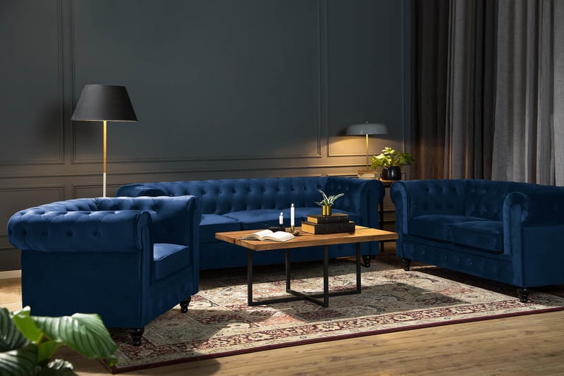 Chesterfield Lyx Stor skön djup sammetsfåtölj - Fåtölj till vardagsrum - Blå Sammet - Products - Möbler - Fåtölj & stolar - Fåtölj - Chesterfield fåtölj
