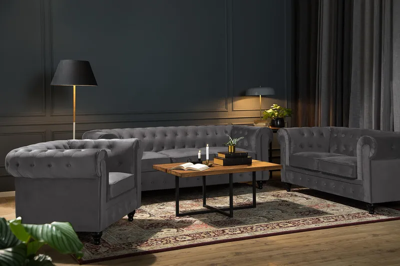 Chesterfield Lyx Stor skön djup sammetsfåtölj - Fåtölj till vardagsrum - Mörkgrå Sammet - Products - Möbler - Fåtölj & stolar - Fåtölj - Chesterfield fåtölj
