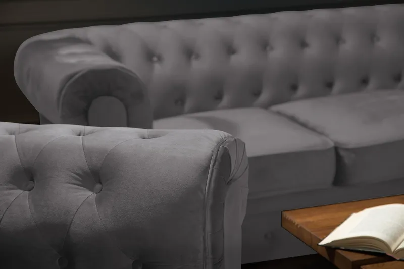 Chesterfield Lyx Stor skön djup sammetsfåtölj - Fåtölj till vardagsrum - Mörkgrå Sammet - Products - Möbler - Fåtölj & stolar - Fåtölj - Chesterfield fåtölj
