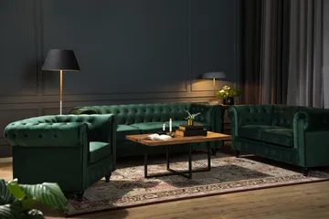 Chesterfield Lyx Stor skön djup sammetsfåtölj - Fåtölj till vardagsrum - Mörkgrön Sammet - Products - Möbler - Fåtölj & stolar - Fåtölj - Chesterfield fåtölj