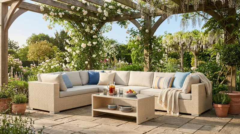 Bahamas L-formad utesoffa vänster, 7-sits med bord och hylla - Beige - Products - Utemöbler & utemiljö - Loungemöbler - Loungeset & loungegrupp
