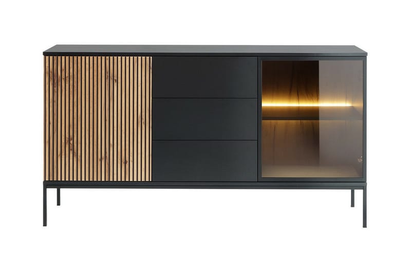 Klinkerville Lågt Vitrinskåp Display med belysning 39 cm djup - Svart Trä / Glas / Ribbad - Products - Förvaring - Skåp - Vitrinskåp