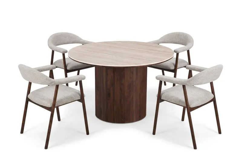 Arvo Matgrupp runt 120 cm Travertin med 4 Ronja Matstolar - Valnöt - Products - Möbler - Bord & matgrupp - Matgrupp