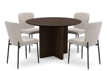 Edda Matgrupp runt 110 cm Rökt Ek med 4 Elsie Matstolar, Rökt ek/Beige