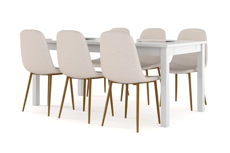 Jasmin Förlängningsbart Matbord 180 cm +  6 st Nibe stol beige med ek ben, Vit/Beige
