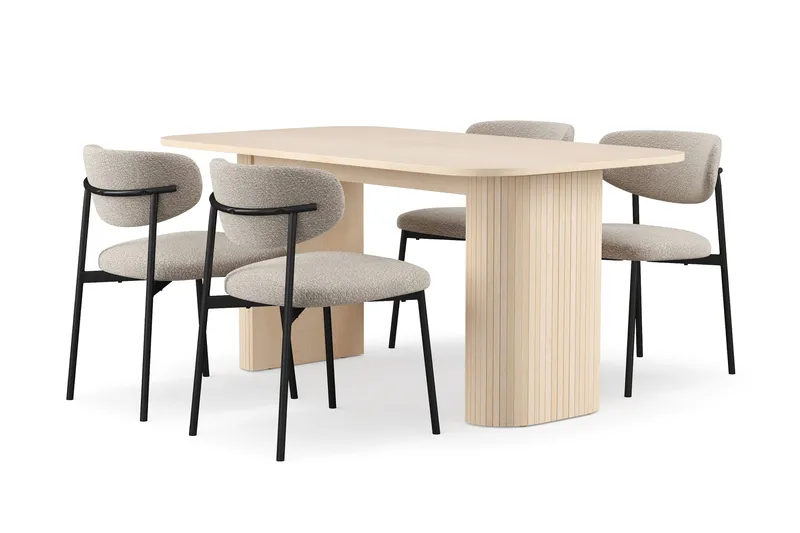 Kopparbo Matbord 160 cm med 4 Lucy Matstolar, White / Greige Bouclé / Metallben Svart