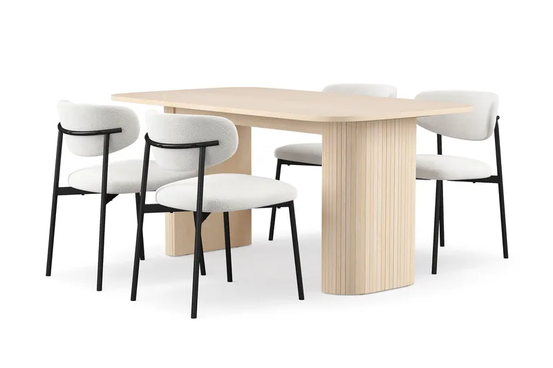 Kopparbo Matbord 160 cm med 4 Lucy Matstolar, White / Vit Bouclé / Metallben Svart