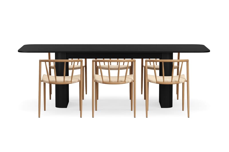 Kopparbo Matbord 180-240 cm Förlängningsbart med 6 Winston Matstolar - Svart / Beige / Metallben Ek - Products - Möbler - Bord & matgrupp - Matgrupp