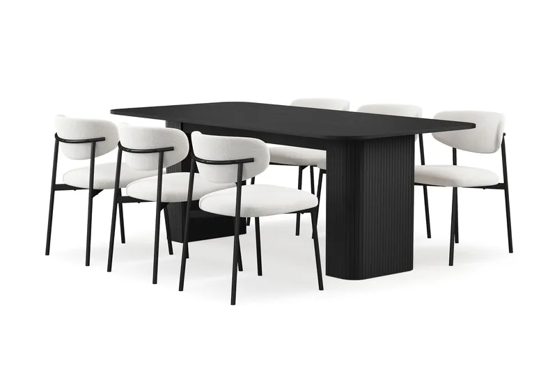 Kopparbo Matbord 200-260 cm Förlängningsbart med 6 Lucy Matstolar, Svart / Vit Bouclé / Metallben Svart