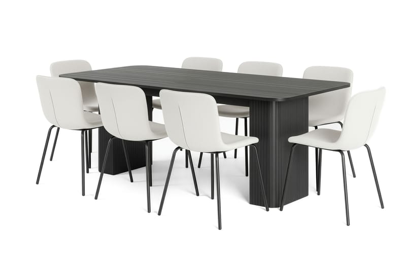 Kopparbo Matbord 200-260 cm Förlängningsbart med 8 Katy Matstolar, Svart / Vit Bouclé / Metallben Svart
