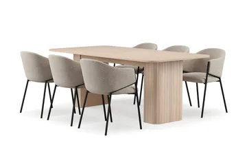 Kopparbo Matbord 200-260 cm Förlängningsbart med illäggsskiv med 6 Filip Matstolar, Vit / Taupe Bouclé