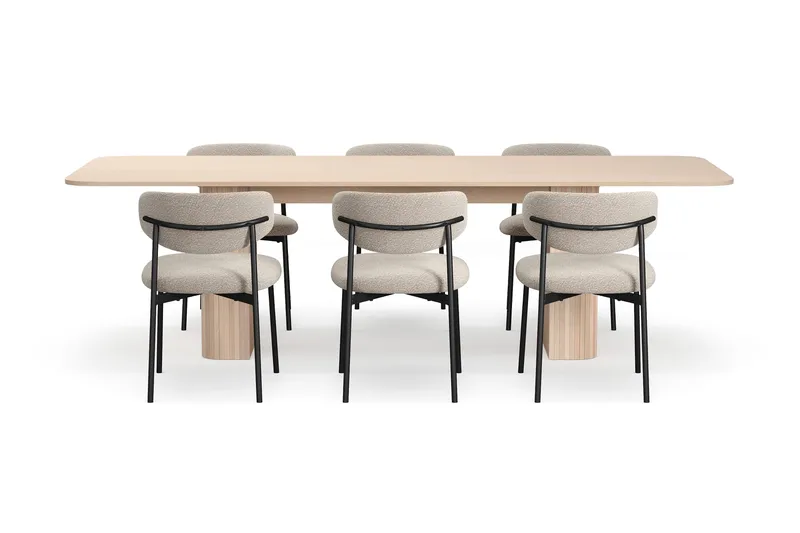 Kopparbo Matbord 200-260 cm Förlängningsbart med illäggsskiv med 6 Lucy Matstolar - Vit / Greige Bouclé / Metallben Svart - Products - Möbler - Bord & matgrupp - Matgrupp