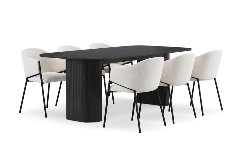 Kopparbo Matbord 200 cm med 6 Filip Matstolar, Svart / Vit Bouclé