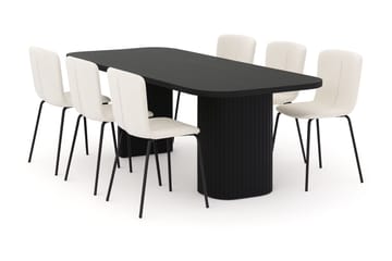 Kopparbo Matbord 200 cm med 6 Katy Matstolar - Svart / Vit Bouclé / Metallben Svart - Products - Möbler - Bord & matgrupp - Matgrupp