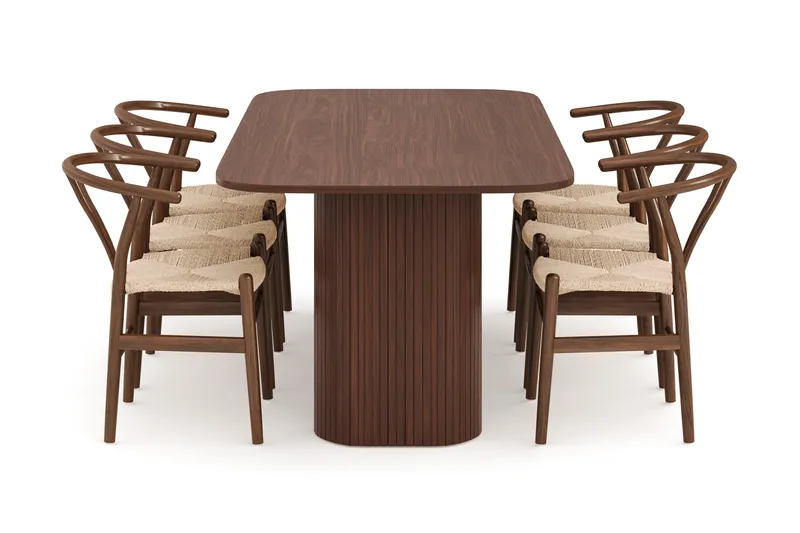 Kopparbo Matgrupp 200 cm med 6 Dastoori Matstol - Brun / Beige / Trä / Ribbad - Products - M öbler - Bord & matgrupp - Matgrupp