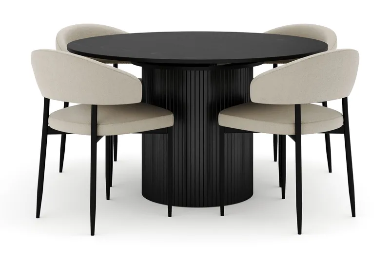 Kopparbo Runt Matbord 130 cm Förlängningsbart med 4 Sawako Stolar, Svart