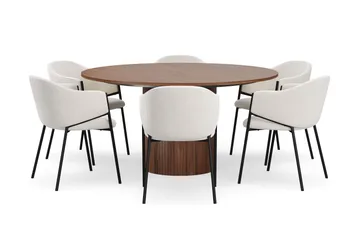 Kopparbo Runt Matbord 150 cm med 6 Filip Matstolar - Valnöt / Vit Bouclé - Products - Möbler - Bord & matgrupp - Matgrupp
