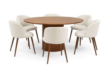 Kopparbo Runt Matbord 150 cm med 6 Greya Matstolar med armstöd - Valnöt / Vit Bouclé / Metallben Valnöt - Products - Möbler - Bord & matgrupp - Matgrupp