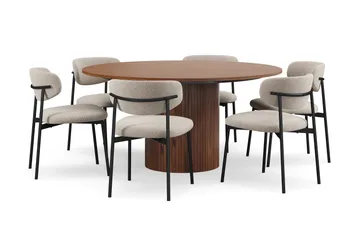 Kopparbo Runt Matbord 150 cm med 6 Lucy Matstolar - Valnöt / Greige Bouclé / Metallben Svart - Products - Möbler - Bord & matgrupp - Matgrupp