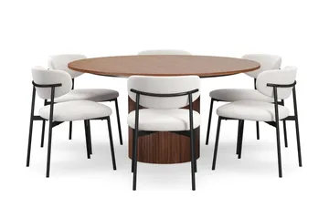 Kopparbo Runt Matbord 150 cm med 6 Lucy Matstolar - Valnöt / Vit Bouclé / Metallben Svart - Products - Möbler - Bord & matgrupp - Matgrupp