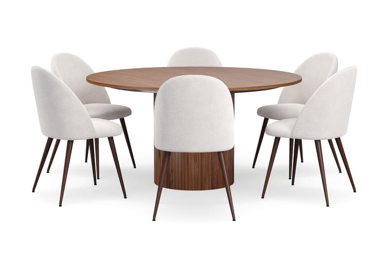 Kopparbo Runt Matbord 150 cm med 6 Nibe Plus Matstolar - Valnöt / Vit Bouclé / Metallben Valnöt - Products - Möbler - Bord & matgrupp - Matgrupp