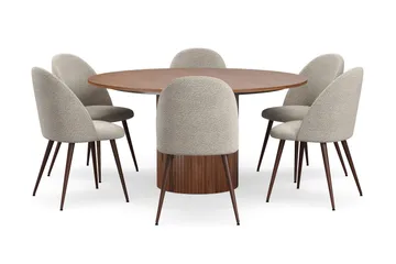 Kopparbo Runt Matbord 150 cm med 6 Nibe Plus Matstolar - Valnöt / Greige Bouclé / Metallben Valnöt - Products - Möbler - Bord & matgrupp - Matgrupp