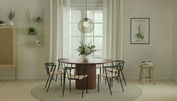 Kopparbo Runt Matbord 150 cm med 6 Winston Matstolar - Valnöt / Beige / Metallben Svart - Products - Möbler - Bord & matgrupp - Matgrupp