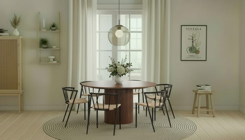 Kopparbo Runt Matbord 150 cm med 6 Winston Matstolar - Valnöt / Beige / Metallben Svart - Products - Möbler - Bord & matgrupp - Matgrupp