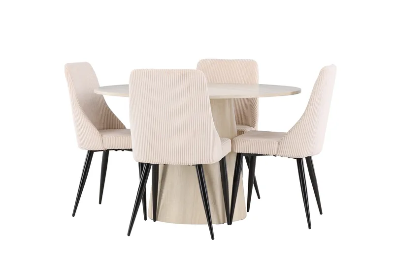 Lanzo Matgrupp 120 cm Rund med 4 Leone stolar, Whitewash/Beige