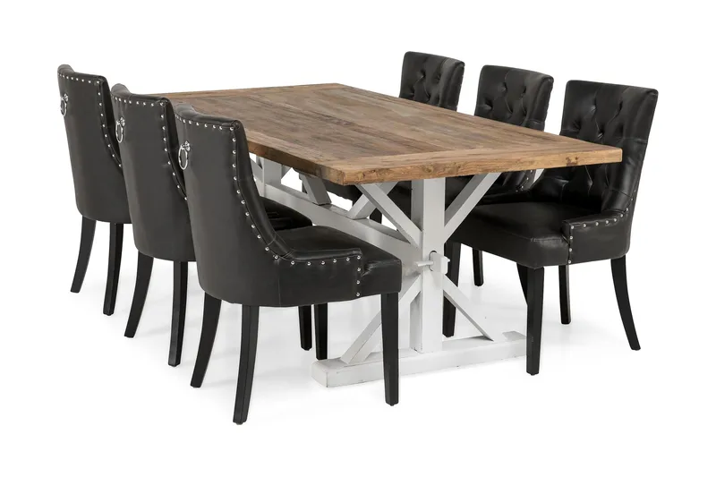 Lyon Förlängningsbar Matgrupp 200 cm med 6 Tuva Fåtölj, Natur/Vit/Svart