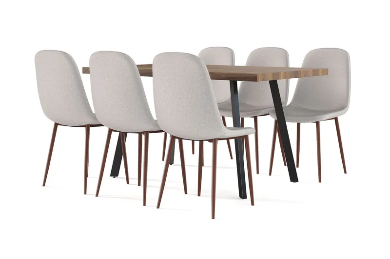 Marcelen Matbord Förlängningsbart med illäggsskiva +  6 st Nibe stol beige med valnöt ben, Brun/Beige