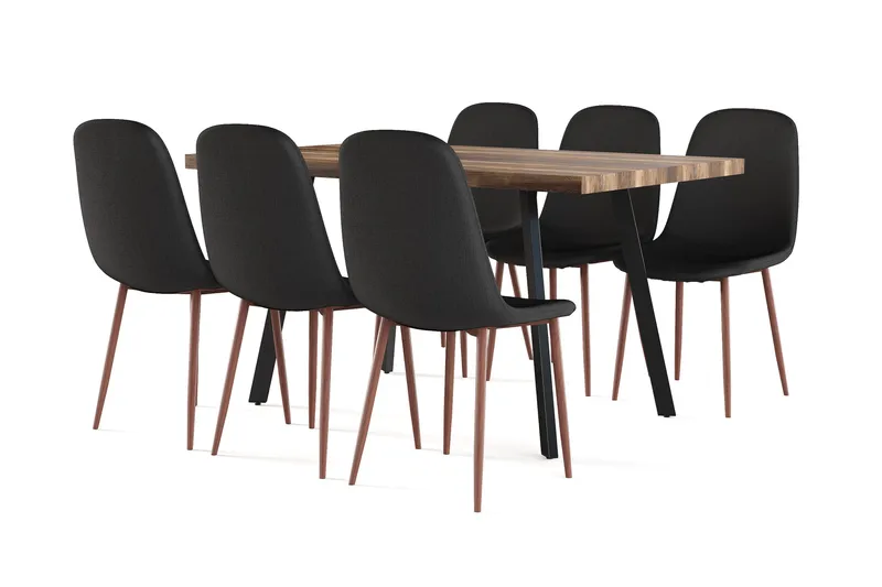 Marcelen Matbord Förlängningsbart med illäggsskiva +  6 st Nibe stol svart med valnöt ben, Brun/Svart