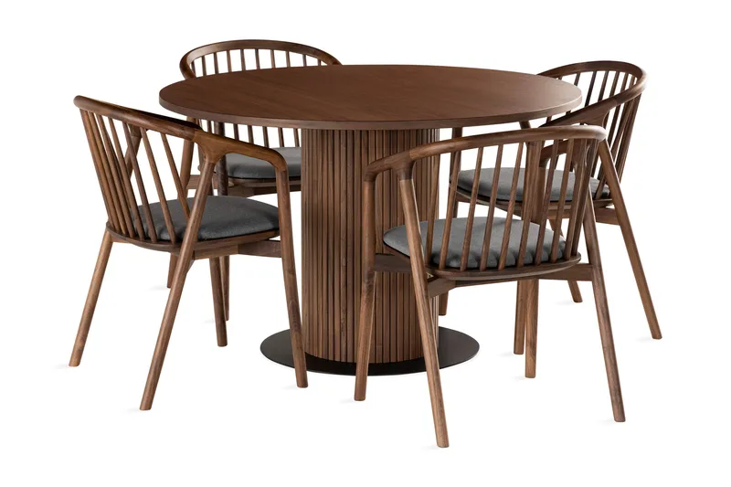 Noira Matgrupp 120 cm Runt Matbord med 4 Noira Stolar - Valnöt - Products - Möbler - Bord & matgrupp - Matgrupp