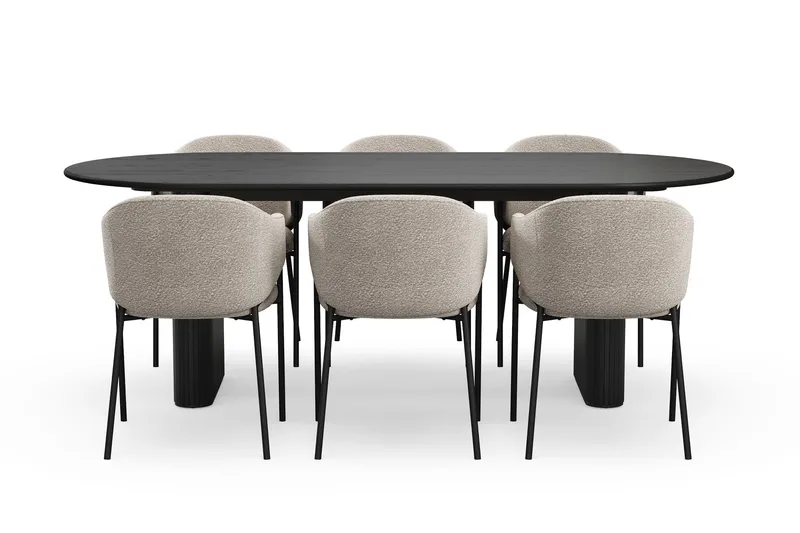Noira Ovalt Matbord 220 cm med 6 Filip Matstolar - Svart / Taupe Bouclé - Products - Möbler - Bord & matgrupp - Matgrupp