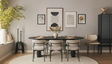 Noira Ovalt Matbord 220 cm med 6 Lucy Matstolar - Svart / Greige Bouclé / Metallben Svart - Products - Möbler - Bord & matgrupp - Matgrupp