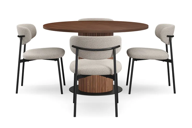 Noira Runt Litet Matbord Massiv Valnöt 120 cm med 4 Lucy Matstolar - Brun / Greige Bouclé / Metallben Svart - Products - Möbler - Bord & matgrupp - Matgrupp