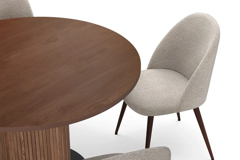 Noira Runt Litet Matbord Massiv Valnöt 120 cm med 4 Nibe Plus Matstolar - Brun / Greige Bouclé / Metallben Valnöt - Products - Möbler - Bord & matgrupp - Matgrupp