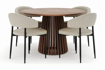 Peyra Runt Matbord 120 cm med 4 Sawako Stolar, Valnöt