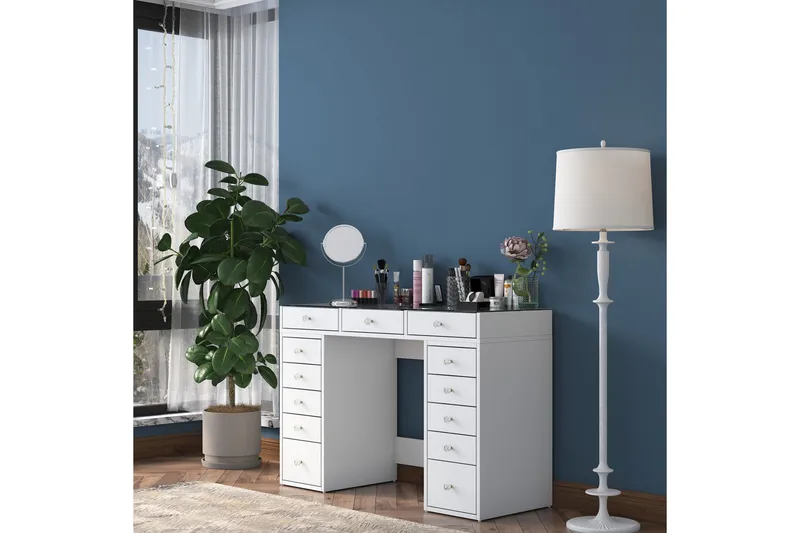 Ramender Sminkbord med förvaring Bordsskiva Glas 120 cm - Vit - Products - Möbler - Bord & matgrupp - Sminkbord & toalettbord