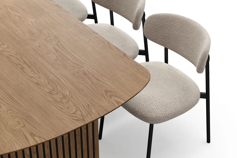 Richeto Matbord 180 cm med 6 Lucy Matstolar - Naturlig finish / Greige Bouclé / Metallben Svart - Products - Möbler - Bord & matgrupp - Matgrupp