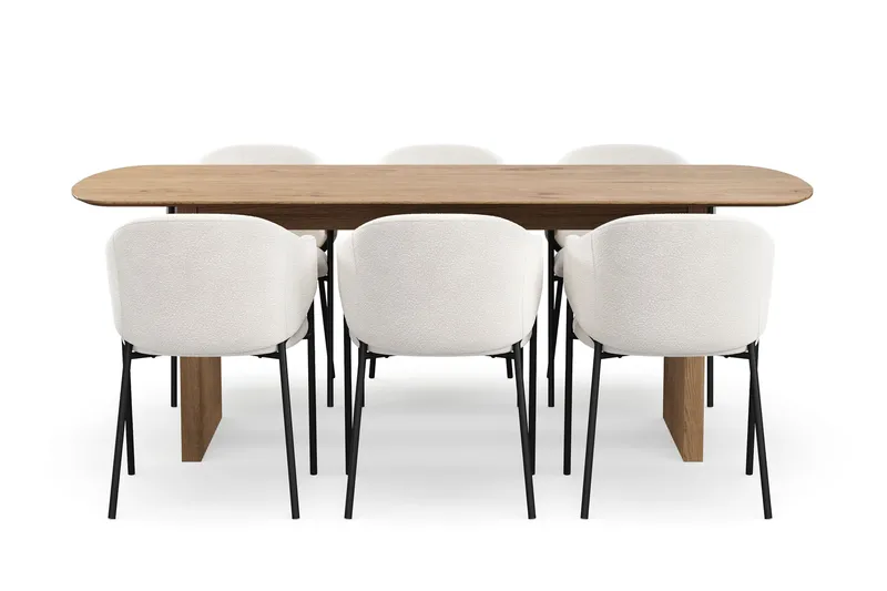 Richeto Matbord 210 cm med 6 Filip Matstolar - Naturlig finish / Vit Bouclé - Products - Möbler - Bord & matgrupp - Matgrupp