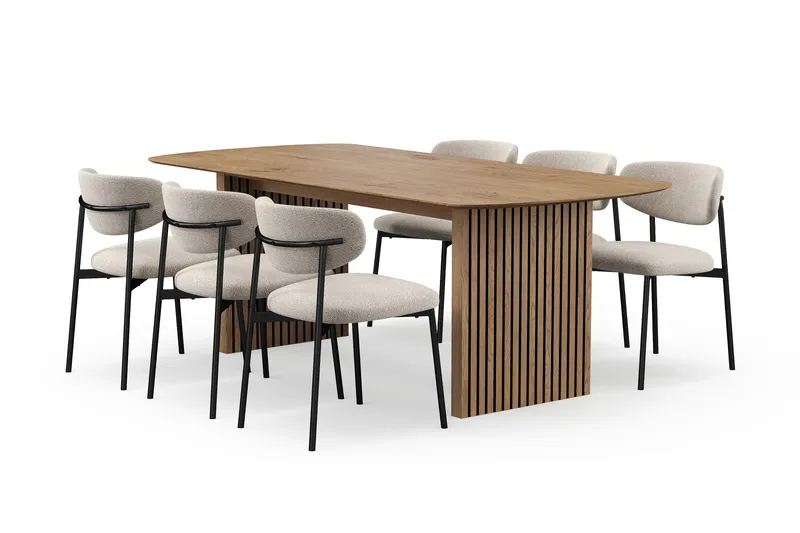 Richeto Matbord 210 cm med 6 Lucy Matstolar, Naturlig finish / Greige Bouclé / Metallben Svart